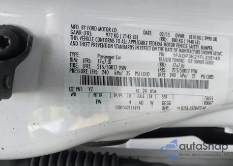 2015 Ford Focus Se from USA, damaged, VIN 1FADP3K21FL235145